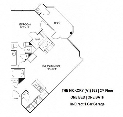 Floor plan for 1 bed, 1 bath, 682 sqft
